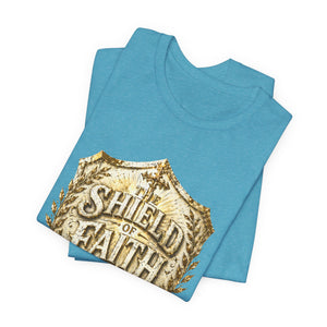 The Shield of Faith – Ephesians 6:16 | Armor of God Vintage Christian T-Shirt (White & Gold Shield Design)