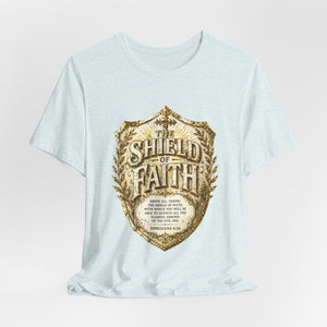 The Shield of Faith – Ephesians 6:16 | Armor of God Vintage Christian T-Shirt (White & Gold Shield Design)