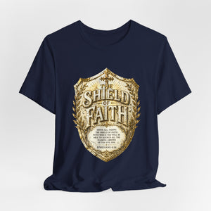 The Shield of Faith – Ephesians 6:16 | Armor of God Vintage Christian T-Shirt (White & Gold Shield Design)