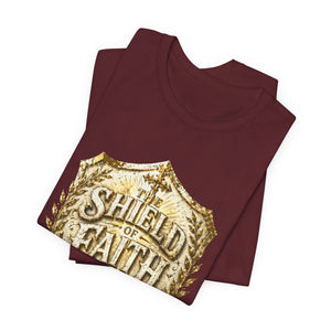 The Shield of Faith – Ephesians 6:16 | Armor of God Vintage Christian T-Shirt (White & Gold Shield Design)