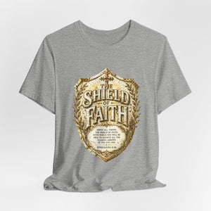 The Shield of Faith – Ephesians 6:16 | Armor of God Vintage Christian T-Shirt (White & Gold Shield Design)