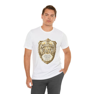 The Shield of Faith – Ephesians 6:16 | Armor of God Vintage Christian T-Shirt (White & Gold Shield Design)
