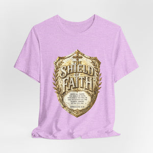 The Shield of Faith – Ephesians 6:16 | Armor of God Vintage Christian T-Shirt (White & Gold Shield Design)