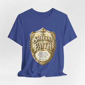 The Shield of Faith – Ephesians 6:16 | Armor of God Vintage Christian T-Shirt (White & Gold Shield Design)