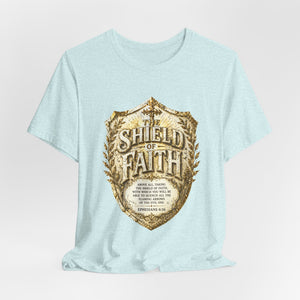 The Shield of Faith – Ephesians 6:16 | Armor of God Vintage Christian T-Shirt (White & Gold Shield Design)