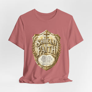 The Shield of Faith – Ephesians 6:16 | Armor of God Vintage Christian T-Shirt (White & Gold Shield Design)