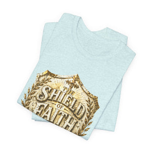 The Shield of Faith – Ephesians 6:16 | Armor of God Vintage Christian T-Shirt (White & Gold Shield Design)