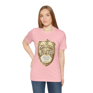 The Shield of Faith – Ephesians 6:16 | Armor of God Vintage Christian T-Shirt (White & Gold Shield Design)