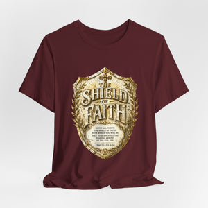 The Shield of Faith – Ephesians 6:16 | Armor of God Vintage Christian T-Shirt (White & Gold Shield Design)