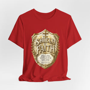 The Shield of Faith – Ephesians 6:16 | Armor of God Vintage Christian T-Shirt (White & Gold Shield Design)