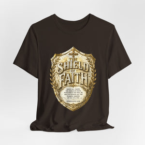 The Shield of Faith – Ephesians 6:16 | Armor of God Vintage Christian T-Shirt (White & Gold Shield Design)