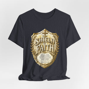 The Shield of Faith – Ephesians 6:16 | Armor of God Vintage Christian T-Shirt (White & Gold Shield Design)