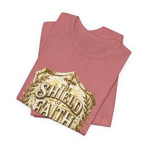 The Shield of Faith – Ephesians 6:16 | Armor of God Vintage Christian T-Shirt (White & Gold Shield Design)