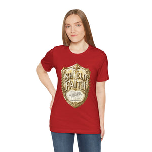 The Shield of Faith – Ephesians 6:16 | Armor of God Vintage Christian T-Shirt (White & Gold Shield Design)