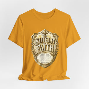 The Shield of Faith – Ephesians 6:16 | Armor of God Vintage Christian T-Shirt (White & Gold Shield Design)