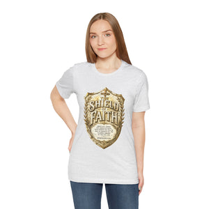 The Shield of Faith – Ephesians 6:16 | Armor of God Vintage Christian T-Shirt (White & Gold Shield Design)