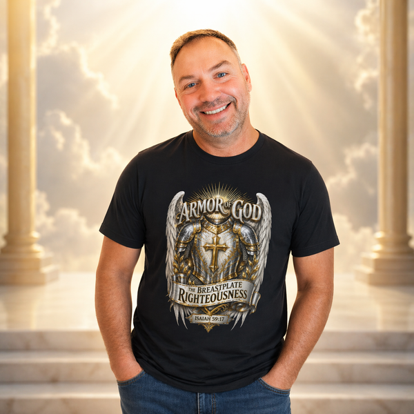 The Breastplate of Righteousness – Isaiah 59:17 | Armor of God Christian T-Shirt (White, Gold & Silver Design)