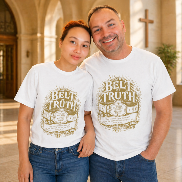 The Belt of Truth – John 8:32 | Armor of God Vintage Christian T-Shirt (Gold Classic Design)