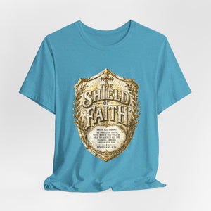 The Shield of Faith – Ephesians 6:16 | Armor of God Vintage Christian T-Shirt (White & Gold Shield Design)