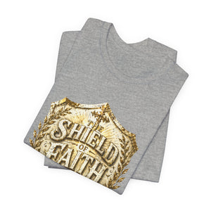 The Shield of Faith – Ephesians 6:16 | Armor of God Vintage Christian T-Shirt (White & Gold Shield Design)