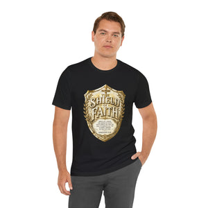The Shield of Faith – Ephesians 6:16 | Armor of God Vintage Christian T-Shirt (White & Gold Shield Design)