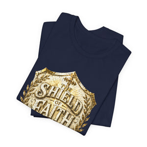 The Shield of Faith – Ephesians 6:16 | Armor of God Vintage Christian T-Shirt (White & Gold Shield Design)
