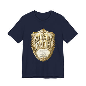 The Shield of Faith – Ephesians 6:16 | Armor of God Vintage Christian T-Shirt (White & Gold Shield Design)