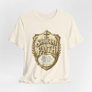 The Shield of Faith – Ephesians 6:16 | Armor of God Vintage Christian T-Shirt (White & Gold Shield Design)
