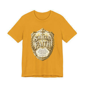 The Shield of Faith – Ephesians 6:16 | Armor of God Vintage Christian T-Shirt (White & Gold Shield Design)