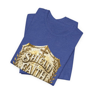 The Shield of Faith – Ephesians 6:16 | Armor of God Vintage Christian T-Shirt (White & Gold Shield Design)