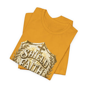 The Shield of Faith – Ephesians 6:16 | Armor of God Vintage Christian T-Shirt (White & Gold Shield Design)