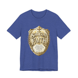 The Shield of Faith – Ephesians 6:16 | Armor of God Vintage Christian T-Shirt (White & Gold Shield Design)