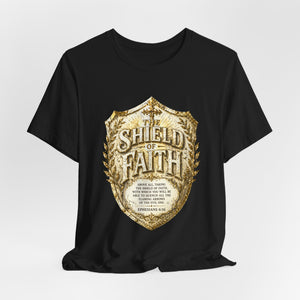 The Shield of Faith – Ephesians 6:16 | Armor of God Vintage Christian T-Shirt (White & Gold Shield Design)