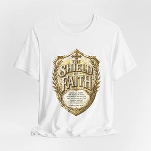 The Shield of Faith – Ephesians 6:16 | Armor of God Vintage Christian T-Shirt (White & Gold Shield Design)