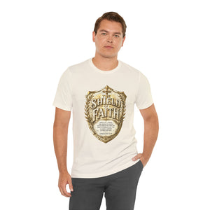 The Shield of Faith – Ephesians 6:16 | Armor of God Vintage Christian T-Shirt (White & Gold Shield Design)