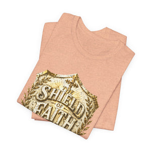 The Shield of Faith – Ephesians 6:16 | Armor of God Vintage Christian T-Shirt (White & Gold Shield Design)