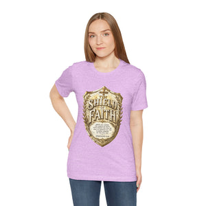 The Shield of Faith – Ephesians 6:16 | Armor of God Vintage Christian T-Shirt (White & Gold Shield Design)